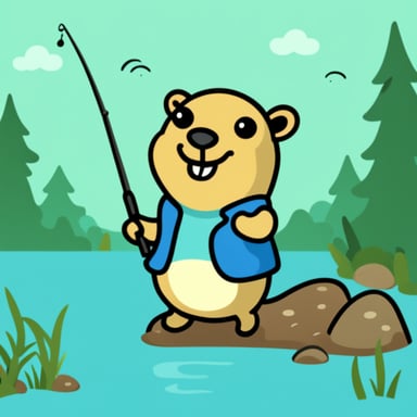 Happy Go Blue Gopher with a fishing rod in hand