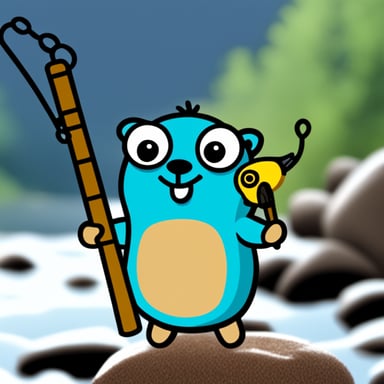 Happy Go Blue Gopher with a fishing rod in hand