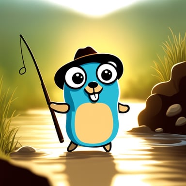 Happy Go Blue Gopher with a fishing rod in hand