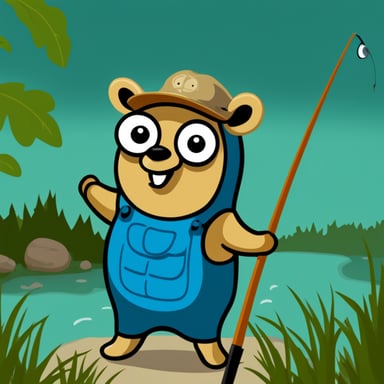 Happy Go Blue Gopher with a fishing rod in hand