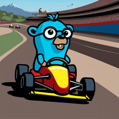 Go Blue Gopher driving an F1 racing car in a red helmet.