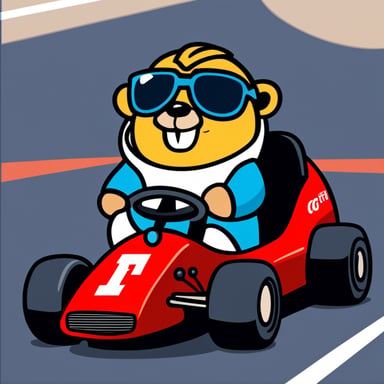 Go Blue Gopher driving an F1 racing car in a red helmet.