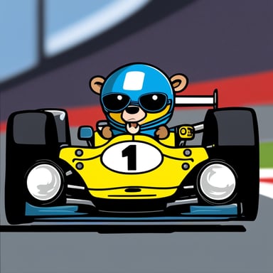 Go Blue Gopher driving an F1 racing car in a red helmet.