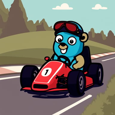 Go Blue Gopher driving an F1 racing car in a red helmet.