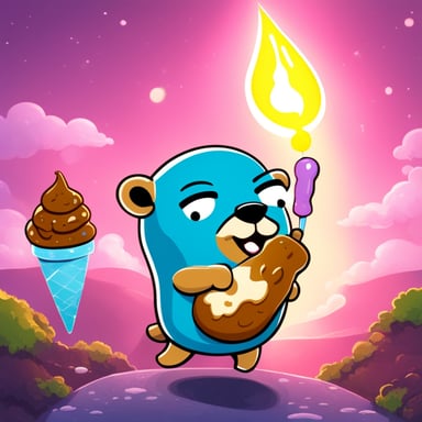 Go Blue Gopher soaked in apple juice, eating ice cream on the rocket.