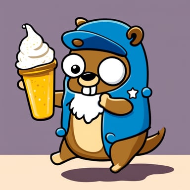 Go Blue Gopher soaked in apple juice, eating ice cream on the rocket.