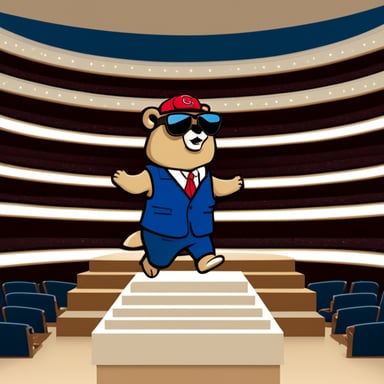 Go Blue Gopher in Gucci clothes walking on a podium.