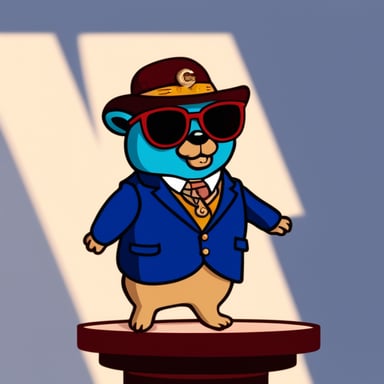 Go Blue Gopher in Gucci clothes walking on a podium.