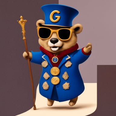 Go Blue Gopher in Gucci clothes walking on a podium.
