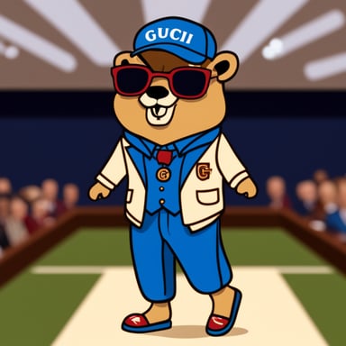 Go Blue Gopher in Gucci clothes walking on a podium.