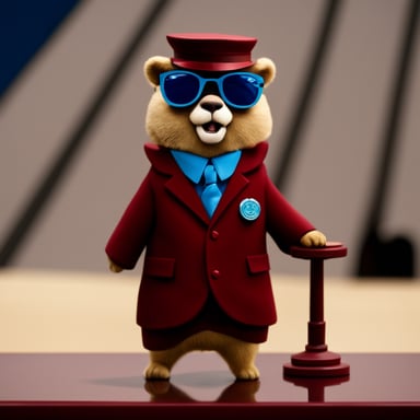 Go blue gopher in Gucci suit walking on podium.