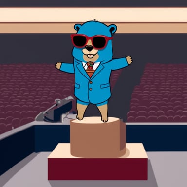 Go blue gopher in Gucci suit walking on podium.