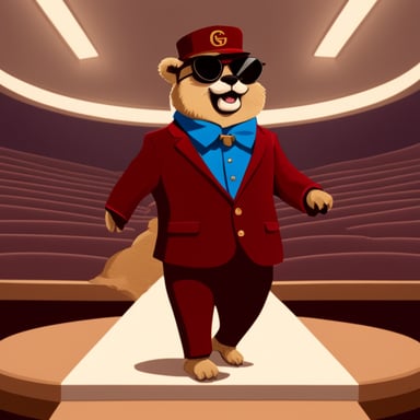 Go blue gopher in Gucci suit walking on podium.