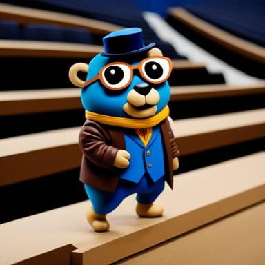 Go blue gopher in Gucci suit walking on podium.