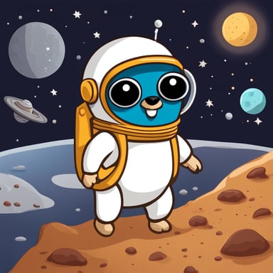 Go Blue Gopher as astronaut in space explores new planets and stars, boldly going where no gopher has gone before.