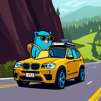 Cool go blue gopher in BMW X3 on the highway