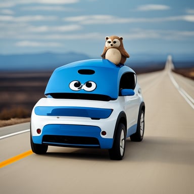Go Blue Gopher inside a white BMW X3 on the highway.