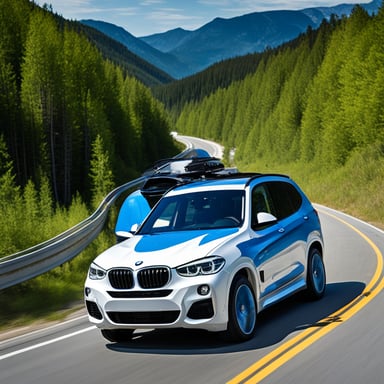 Go Blue Gopher inside a white BMW X3 on the highway.
