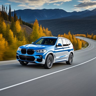 Go Blue Gopher inside a white BMW X3 on the highway.