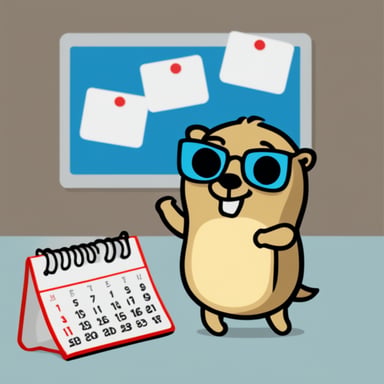 Go Blue Gopher is a happy gopher that uses a calendar for his work.