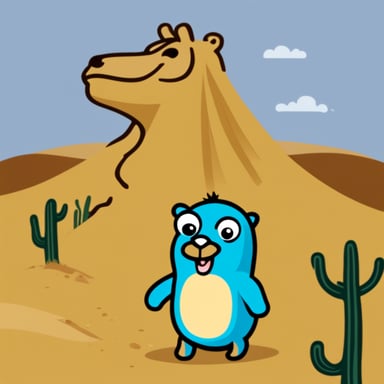 Go Blue Gopher as desert camel smiles.