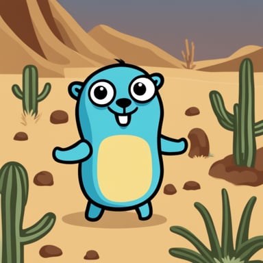 Go Blue Gopher smiling in the desert.