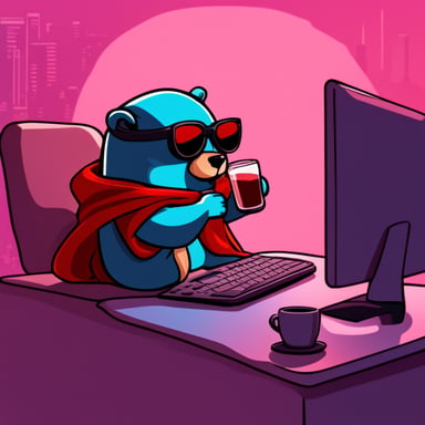 Go blue gopher, tired from programming, drinks Red Bull to keep coding for copying orders between crypto exchanges.