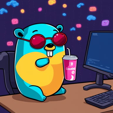 Go blue gopher, tired from programming, drinks Red Bull to keep coding for copying orders between crypto exchanges.