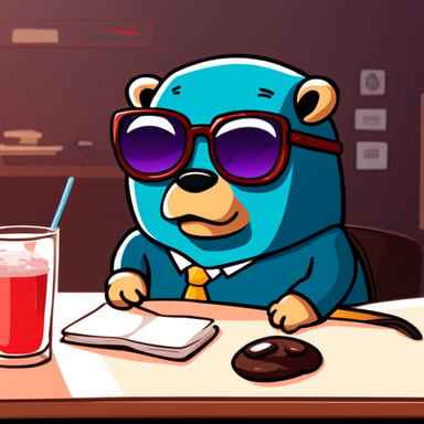Go blue gopher, tired from programming, drinks Red Bull to keep coding for copying orders between crypto exchanges.