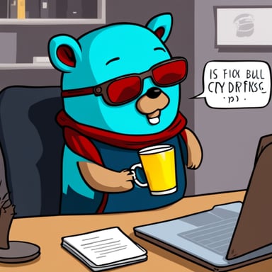 Go blue gopher, tired from programming, drinks Red Bull to keep coding for copying orders between crypto exchanges.