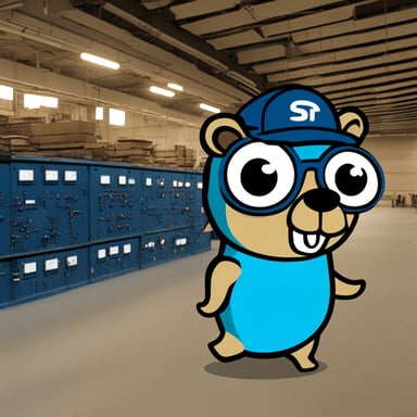Sigma gopher around infrastructure becomes Go Blue Gopher around infrastructure.