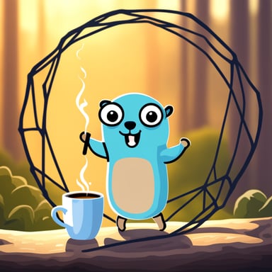 Go Blue Gopher with coffee cup caught in web.