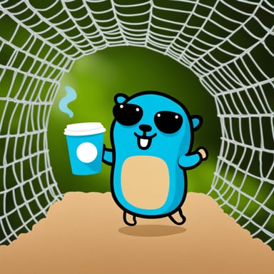 Go Blue Gopher with coffee cup caught in web.