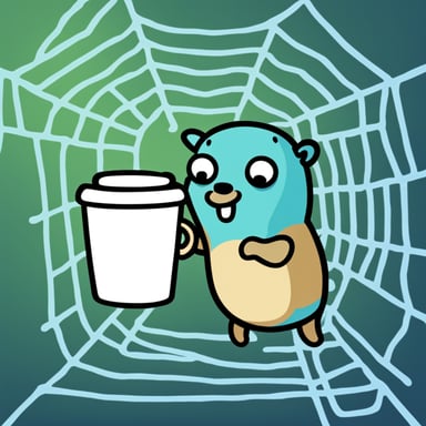 Go Blue Gopher with coffee cup caught in web.