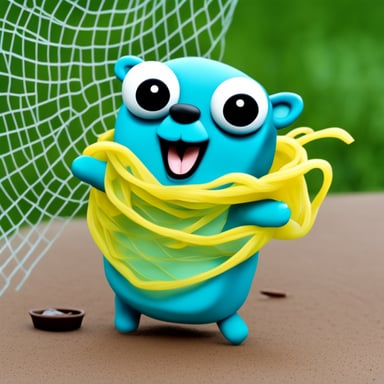 Go Blue Gopher with coffee cup caught in web.