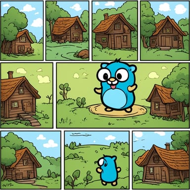 8 comics frames about Go Blue Gopher in a village.