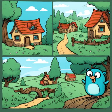 8 comics frames about Go Blue Gopher in a village.