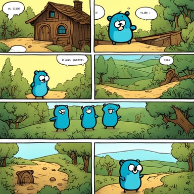 8 comics frames about Go Blue Gopher in a village.