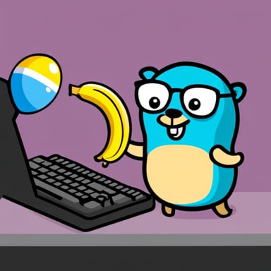 Go Blue Gopher with bananas and keyboards.