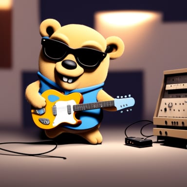Go Blue Gopher playing a Jazzmaster guitar.