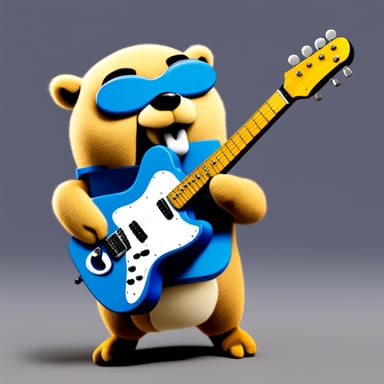 Go Blue Gopher playing a Jazzmaster guitar.