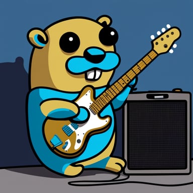 Go Blue Gopher playing a Jazzmaster guitar.