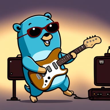 Go Blue Gopher playing a Jazzmaster guitar.