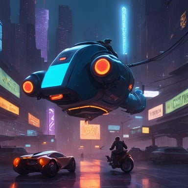 In a cyberpunk city, you spot Go Blue Gopher adeptly maneuvering a neon-lit hoverbike through the bustling streets, the embodiment of agility and style in this futuristic landscape.