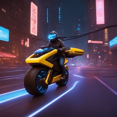 In a cyberpunk city, you spot Go Blue Gopher adeptly maneuvering a neon-lit hoverbike through the bustling streets, the embodiment of agility and style in this futuristic landscape.