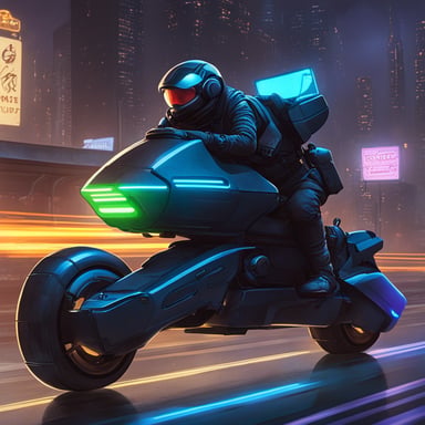 In a cyberpunk city, you spot Go Blue Gopher adeptly maneuvering a neon-lit hoverbike through the bustling streets, the embodiment of agility and style in this futuristic landscape.