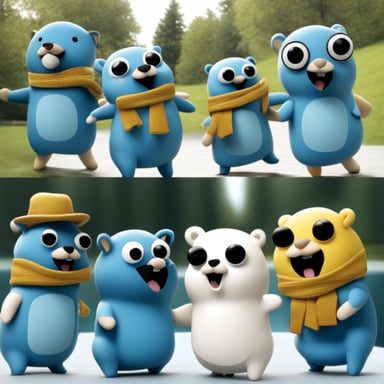 First frame: Go Blue Gopher stays. Second frame: Go Blue Gopher says Hello world. Third frame: Go Blue Gopher dances.