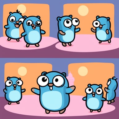 First frame: Go Blue Gopher stays. Second frame: Go Blue Gopher says Hello world. Third frame: Go Blue Gopher dances.