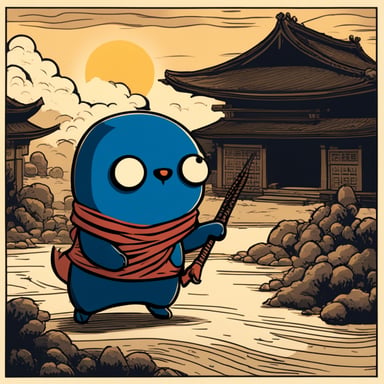 In an old Japanese village, Go Blue Gopher stands across the sun with a left-hand katana, ready to defeat an angry evil daemon.