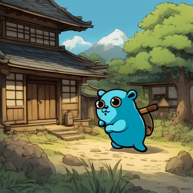 In an old Japanese village, Go Blue Gopher stands across the sun with a left-hand katana, ready to defeat an angry evil daemon.